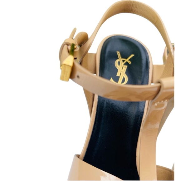 YSL Tribute Patent Leather Sandals Nude Beige Heels 38 - Picture 5 of 11